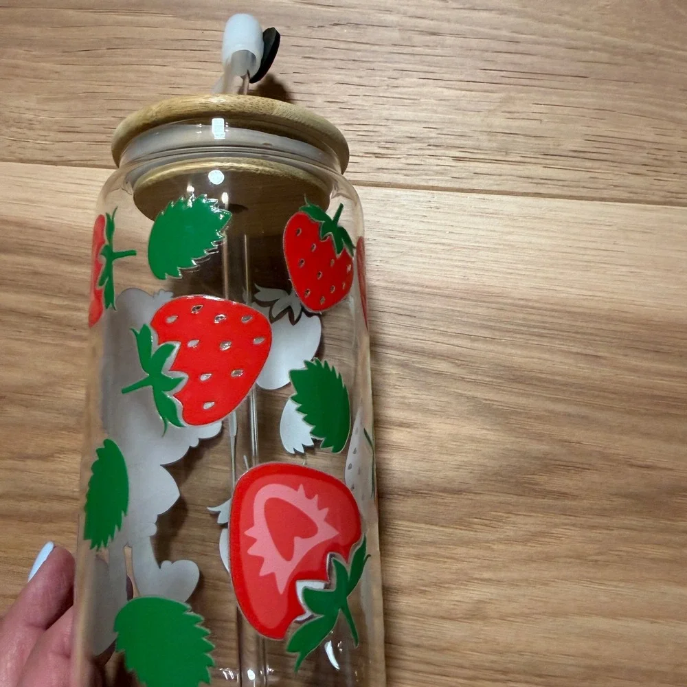 Strawberry Shortcake Glass Tumbler Kids Adults 16oz Clear Red Bamboo Lid Straw